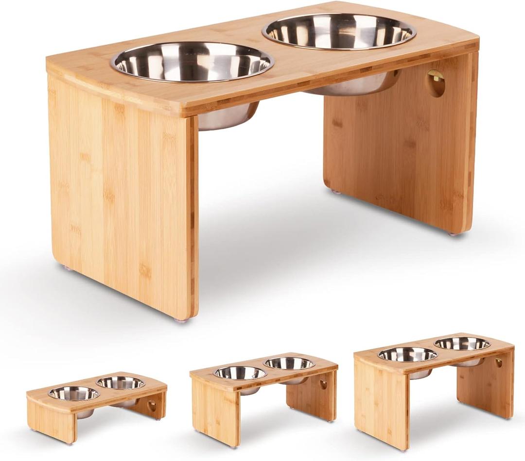 Elevated Dog Bowls, Bamboo Raised Dog Bowl for Large Dogs & Medium Dogs, with 2 Stainless Steel Bowls (10'' Tall48 oz Bowl)