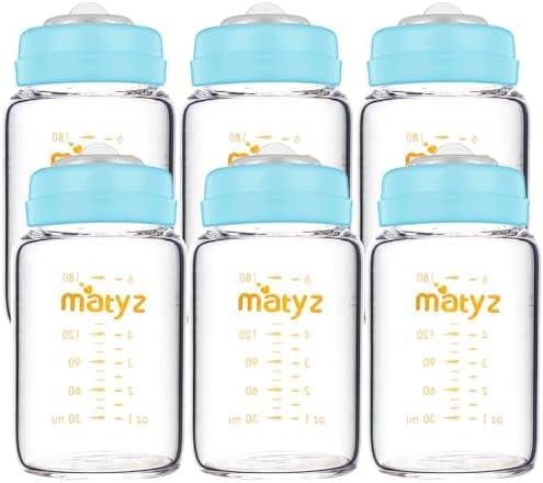 Matyz Glass Breastmilk Storage Bottles, 6 Pack, 6 oz, Compatible With Spectra Medela Breast Pump - Freezer Safe Storage Bottles Set - Wide Mouth Breastmilk Storage Containers - BPA Free (Blue Lids)
