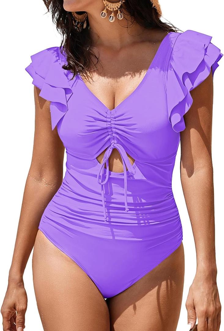 Sovoyontee Women's Ruffle One Piece Swimsuit Tummy Control Bathing Suits Drawstring Cutout V Neck Swimwear (Purple, S)