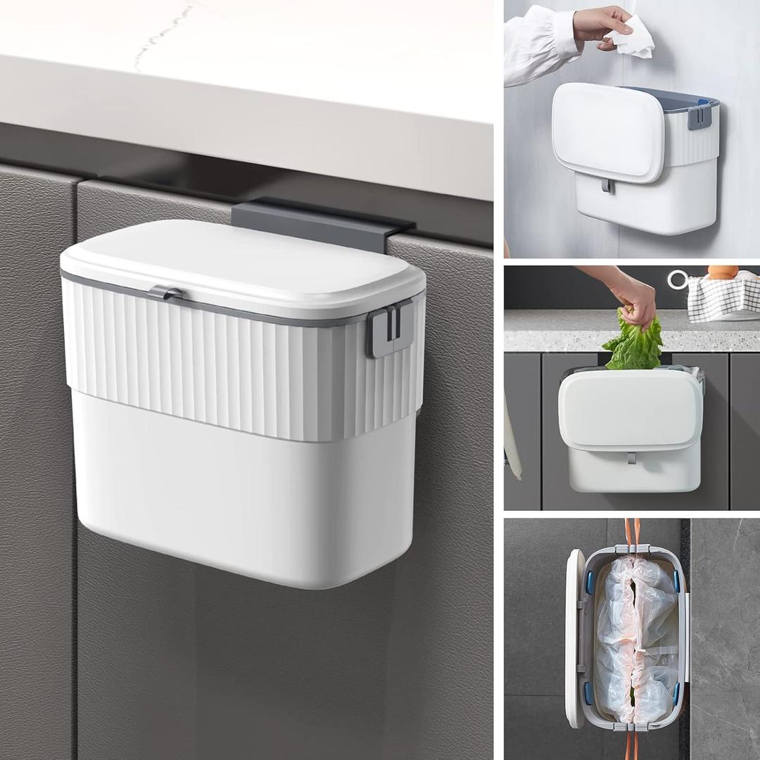 ELPHECO Kitchen Compost Bin with Lid 1.8 Gallon Hanging Trash Can with Lid, 7 Liter Wall-Mounted Garbage Can for Kitchen Cabinet Door, Small Under Sink Trash Can for Cupboard, Bathroom, Office, White
