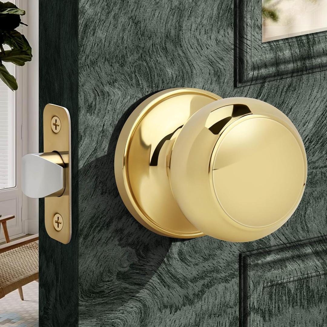 Moquin Gold Passage Door Knob Without Lock or Key, Non-Locking Interior Flat Ball Door Knob for Hallway or Closet, Polished Brass