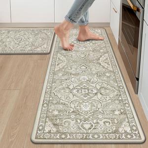 Ileading Anti Fatigue Kitchen Rugs Sets of 2 Cushioned Kitchen Mats for Floor Waterproof Kitchen Mat Set Non Slip Comfort Standing Mat for Kitchen, Office, Sink, Laundry (17"x47"+17"x28", Beige&brown)