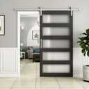 BARNSMITH 48in x 96in Glass Barn Door with 8FT Nickle Sliding Door Hardware Included, 5-Panel Frosted Glass Sliding Barn Door, Solid Wood Covered with Water-Proof PVC Surface, Easy Assembly, Black