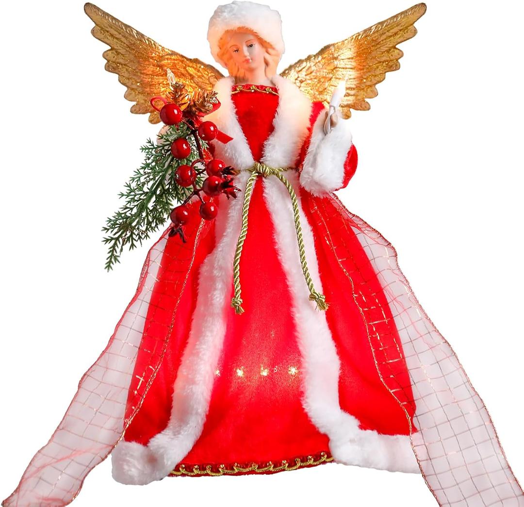 Angel Christmas Tree Topper with Lights, 12 Inch Lighted Angel Xmas Tree Toppers Decoration, Luxury Red Fabric Angel Figurine Ornament for Christmas Tree Holiday Party Indoor Decor