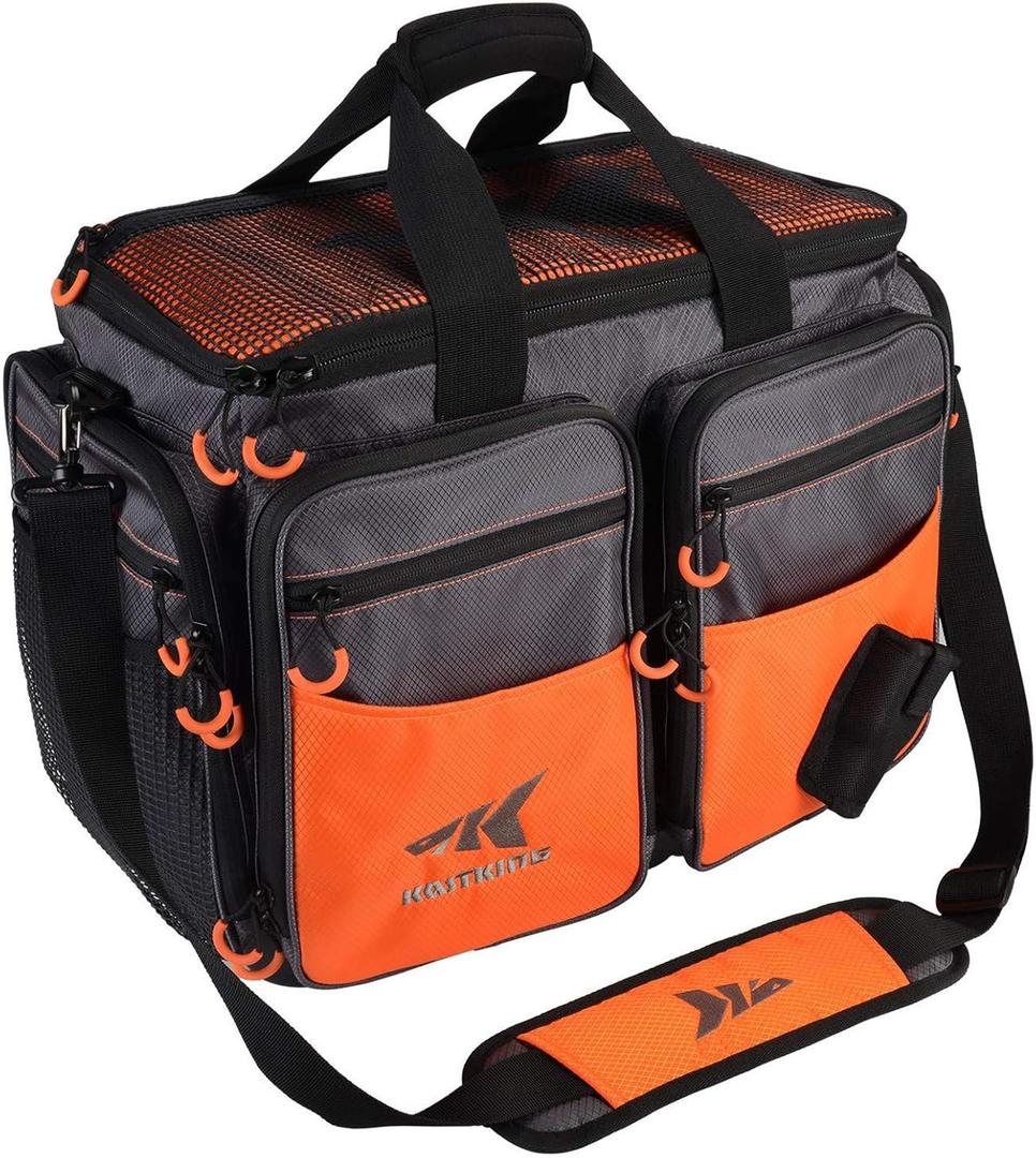 KastKing Fishing Gear & Tackle Bags - Saltwater Resistant Fishing Bags - Fishing Tackle Storage Bags (B1: Large-Lunker (Without Trays, 19.7"x13"x10.6")-Orange)