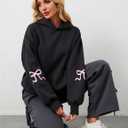Womens Bow Graphic Hoodie Cute Bow Sweater Oversized Long Sleeve Fleece Sweatshirt Drop Shoulder Pullover Tops Black (Black, S)