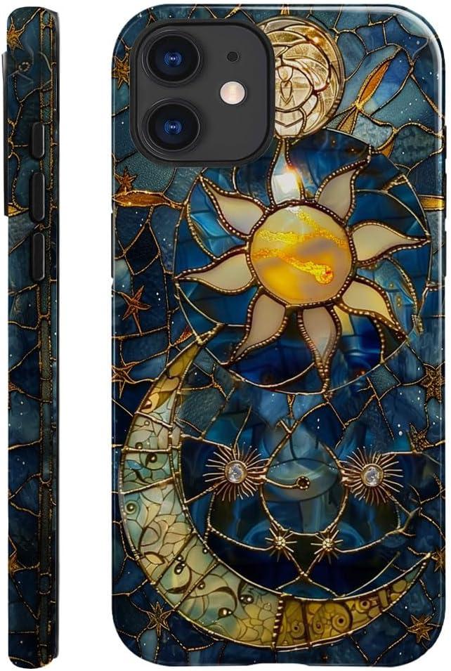 Generic Case Compatible with iPhone 12 - Glossy Hybrid Durable Shockproof Phone Cover,Cases for Woman Girl - Moon Stars Celestial Glass