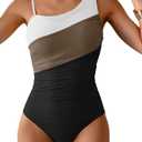 Aidonger One Shoulder One Piece Swimsuit for Women Color Block Bathing Suit, White Brown and Black, M