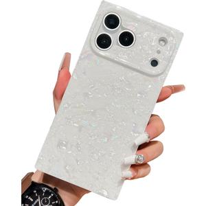 KERZZIL Elegent Pearl with Glitter Powder Compatible with iPhone Case, Slim Soft Rectangle Edge TPU Silicone Protective Bumper Cases Cover(White,17 Pro)