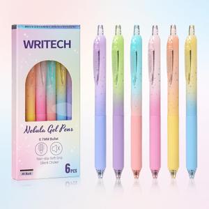 WRITECH Gel Pens Fine Point: Nebula Pen Set 0.7mm Black Ink Retractable 6ct Medium Point Smooth Writing with Aesthetic Gradient Color Barrel for Journaling Note Taking Silent Click No Smear