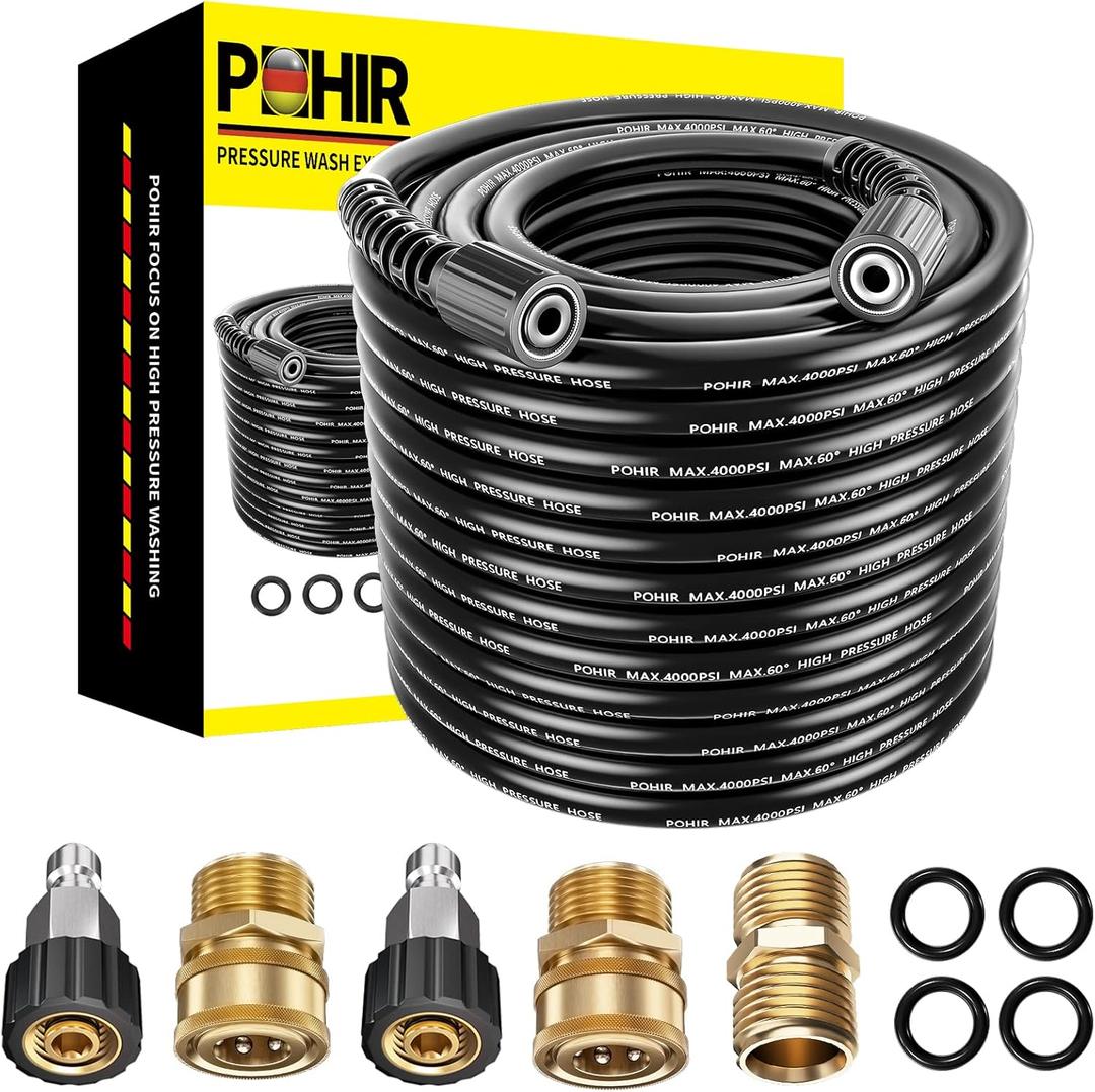 POHIR 100ft Pressue Washer Hose 4000 PSI, High Power Washing Hose, Replacement Hose with M22 Extension Adapter and 4pcs M22 14mm to 3/8 Quick Connect (100FT included accessories)