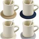 BYCNZB 11oz Ceramic Diner Coffee Mug set Stoneware Coffee Cups Set for Restaurant, Diner, Farmhouse, Coffee Shop, Home set of 4 with Coffee spoons and Woven Coasters (Cream)