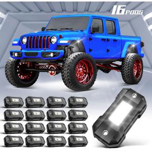 LED Rock Lights White 16 pods for Car Truck SUV Offroad Boat Trail Rig Lamp Super Bright Pure White Waterproof LED Underglow Light for ATV UTV