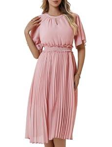 Bbonlinedress Womens Summer Wedding Guest Dress Casual Smocked Flowy Chiffon Short Sleeve Pleated Midi Dresses Blush S