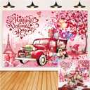 IADIUENOG Happy Love Day Pink Backdrop 8x6ft Red Truck Love Tree Anniversary Holiday Love Heart Balloon Romantic Lover Background Wedding Party Decorations