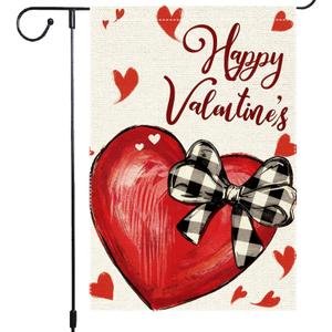 2 x Valentines Day Hearts Garden Flag 12x18 Inch Double Sided Small Burlap Love Red Buffalo Plaid Bowknot Holiday Heart Outside Yard Decoration (RMQ-925)