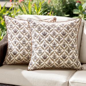 ANRODUO Floral Outdoor Pillow Covers 16x16 Waterproof Set of 2 Block Print Accent Decorative Cushion Cases with Refined Edge Piping for Summer Patio Porch Garden Couch Sofa Bench Decor Brown