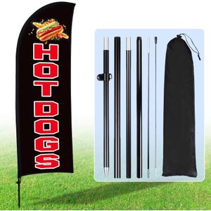 Buryeah Hot Dogs Feather Flag Kit Hot Dogs Swooper Flag with Pole Ground Stake and Portable Bag 7 ft Sign for Business Restaurant Advertising Business Banner for Outside Ground(Black)