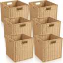 Newtay 6 Pcs Wicker Storage Baskets 11.8 x 11.8 in Cube Storage Bin Organizer Camel Square Foldable Wicker Baskets for Shelves Organizing Decor Laundry Pantry Toys