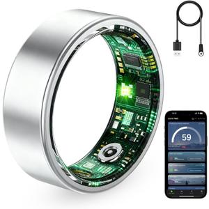 Smart Ring for Women & Men, Fitness Tracker Ring with Heart Rate Monitor, HRV, Sleep Tracking, No Subscription Fee, 10ATM Waterproof Activity Ring for iPhone & Android (Silver, 8)