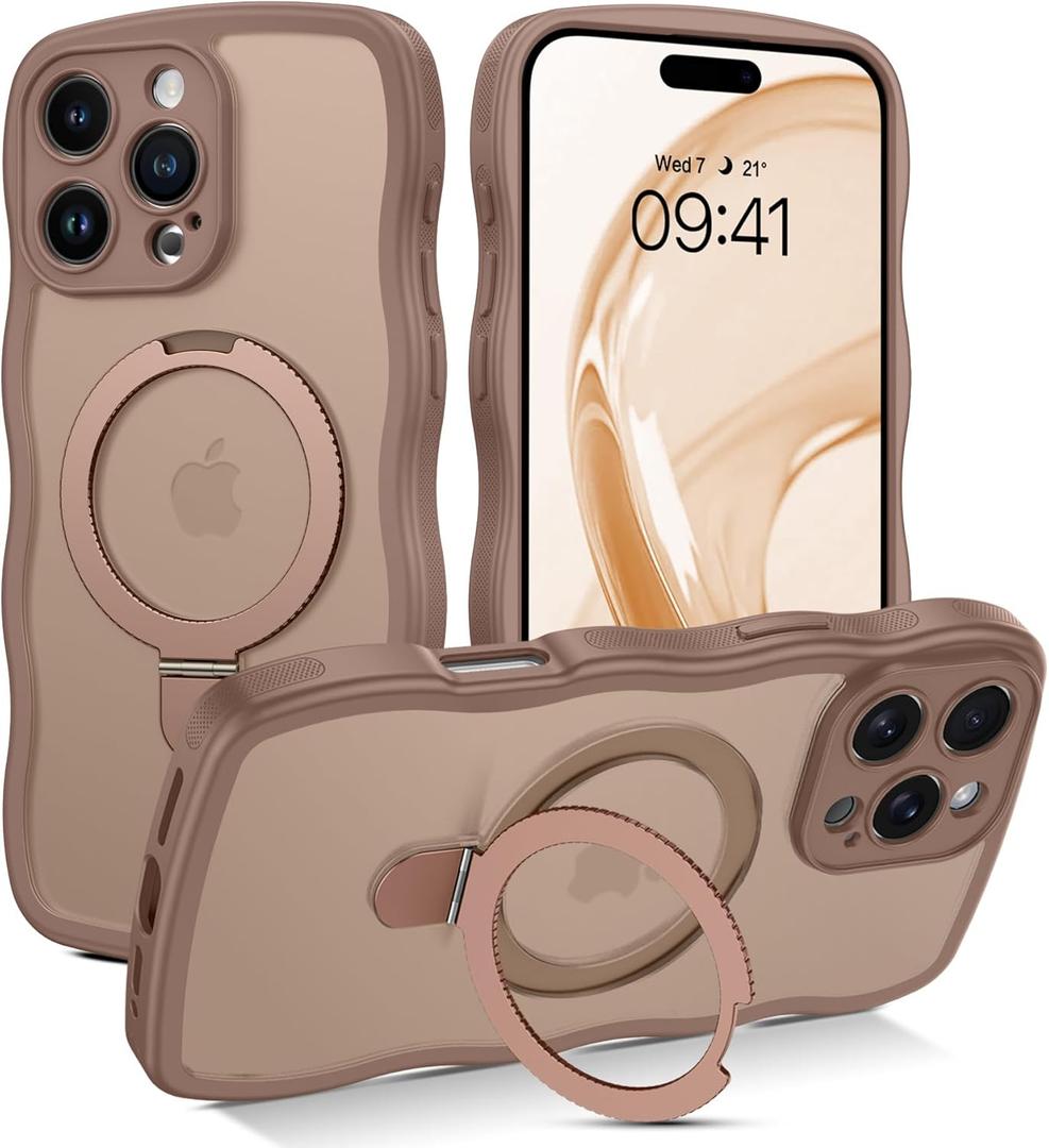 VENINGO for iPhone 16 Pro Case, Foldable Ring Holder Magnetic Slim Curly Wave Edge Translucent Matte Kickstand Shockproof Protective Phone Cover for iPhone 16 Pro 6.3", Desert Brown