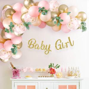 Sweet Baby Co. Baby Shower Decorations for Girl with Pink Balloon Arch Garland Kit, Baby Girl Banner Decor, Eucalyptus Boho Greenery Vine, Light Pink, Peach Blush, Gold, Confetti Balloons