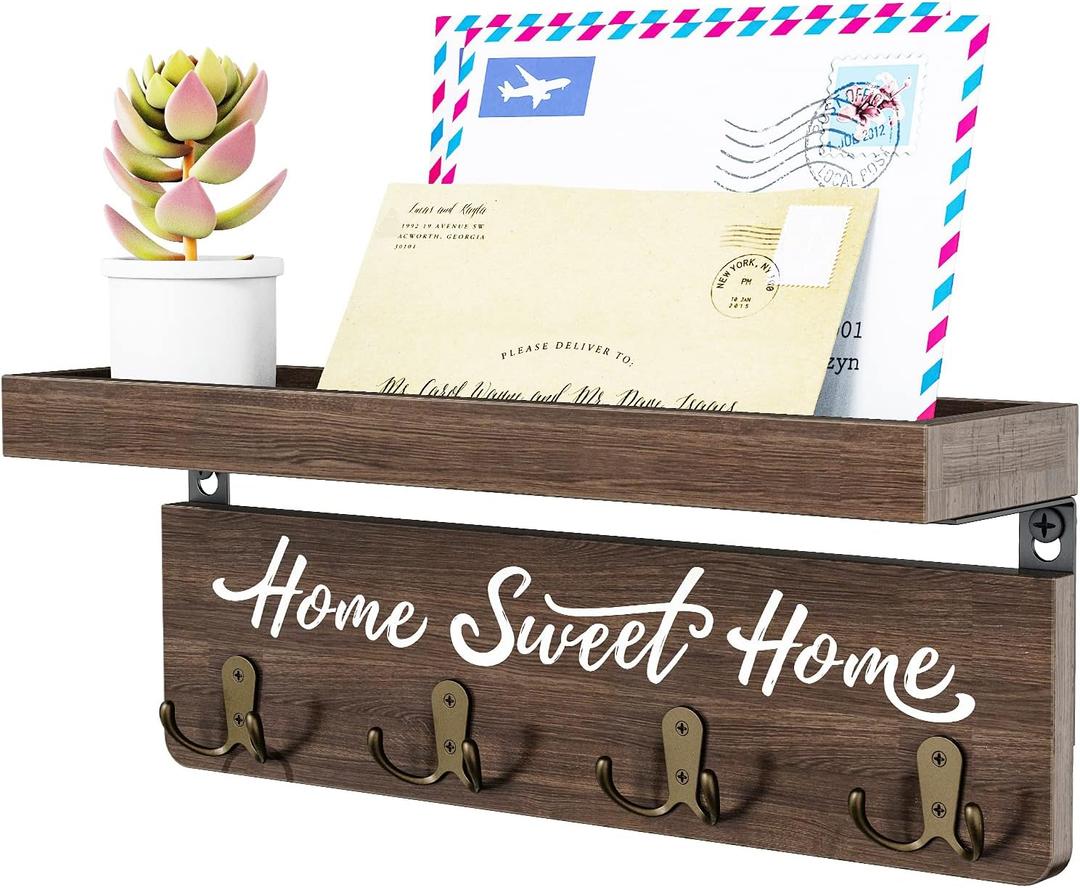 buways Wall-Mounted Key and Mail Holder, Wooden Key Rack with 4 Double Key Hooks, Rustic Home Decor for Entryway (Brown)