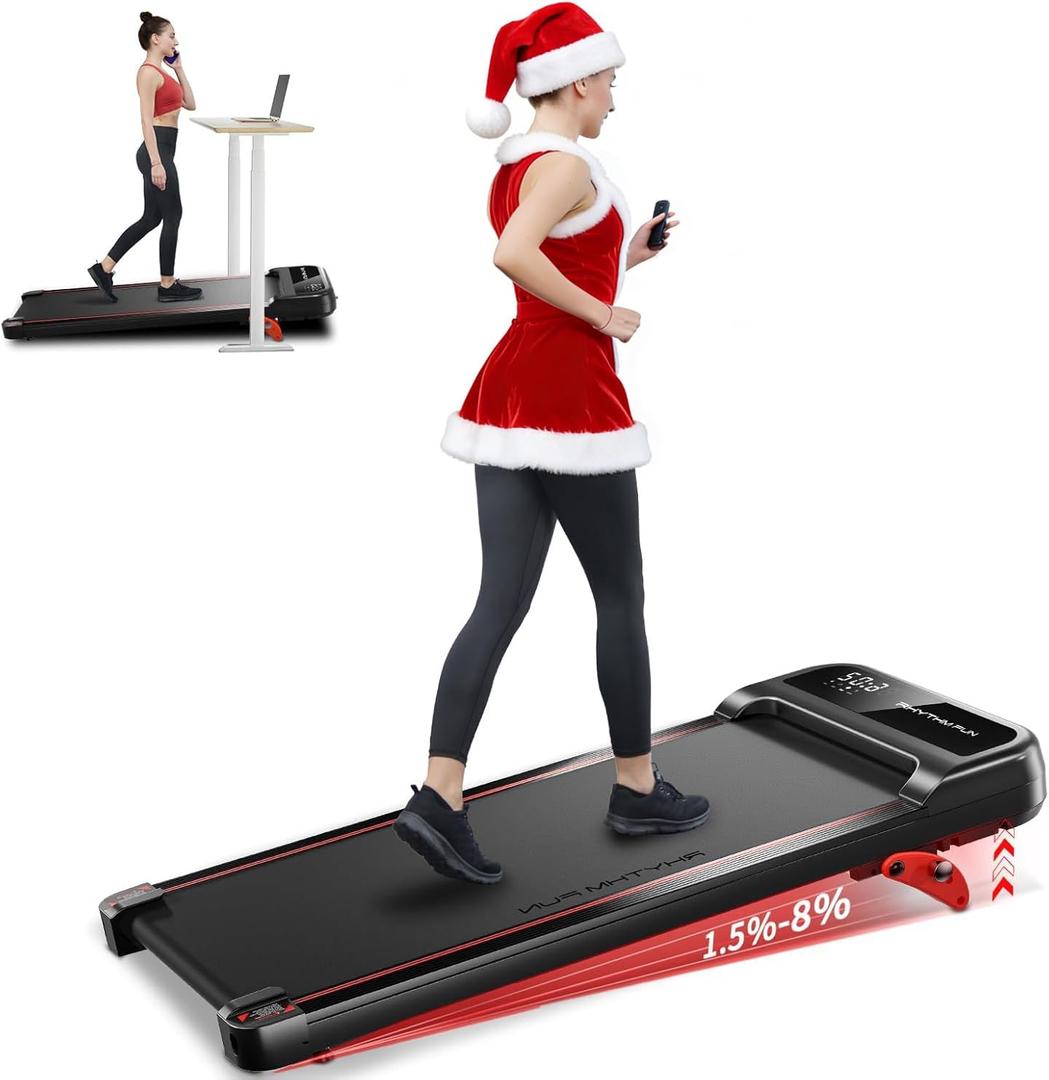 RHYTHM FUN Walking Pad Treadmill with Incline, Under Desk for Home and Office, 300 Lbs Portable with Remote Control, Compact in LED Display