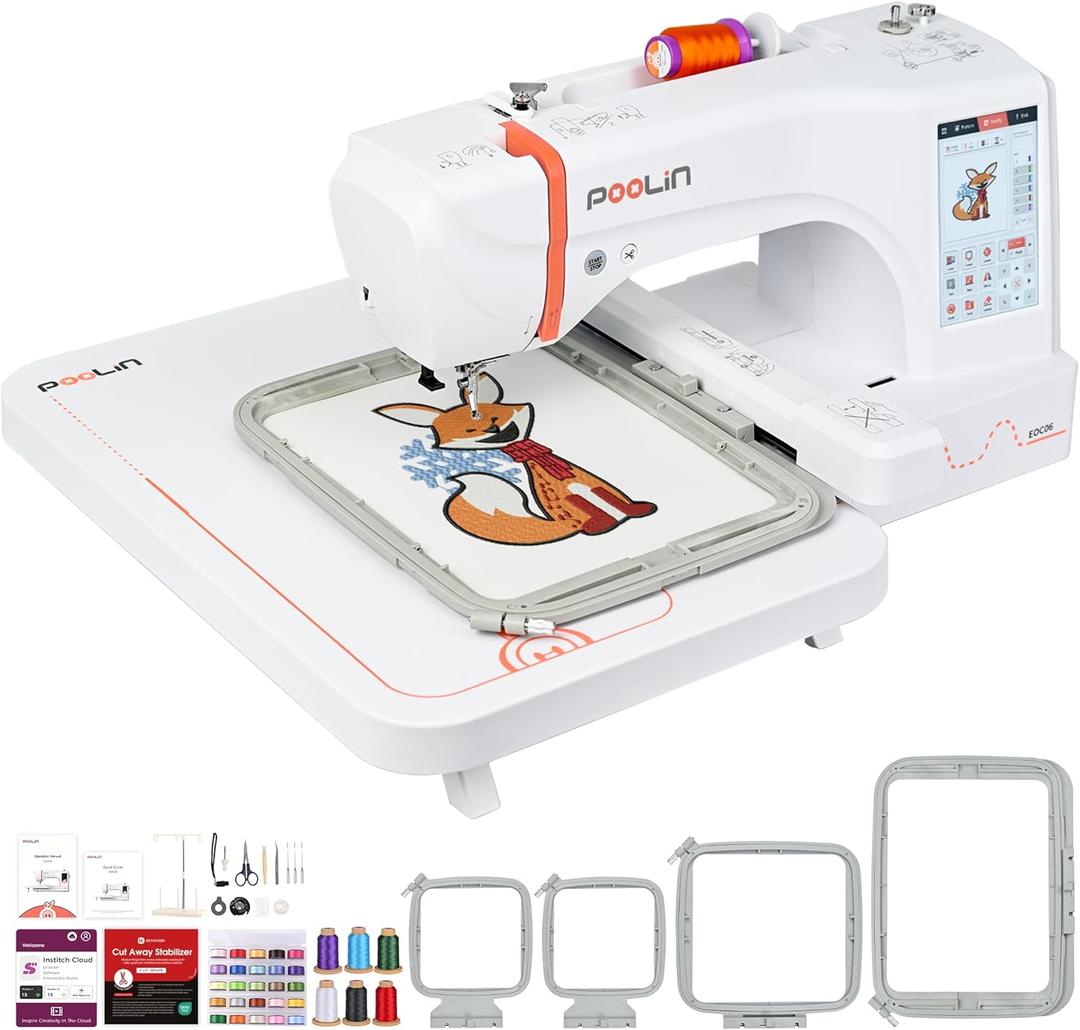 PooLin EOC06 Embroidery Machine,7" Touchscreen,7.9"x11" Hoop Area,Computerized Home Embroidery Machine for Beginners Gifts,200 Built-in Designs,USB & Wireless,Software,4 Hoops,Thread,Bobbin,Stabilizer (White)