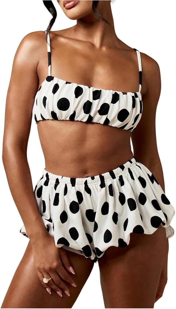 Verdusa Women's 2 Piece Polka Dots Sets Micro Crop Camisole Tops with Bubble Shorts Club Outfits (Black and White, XS)