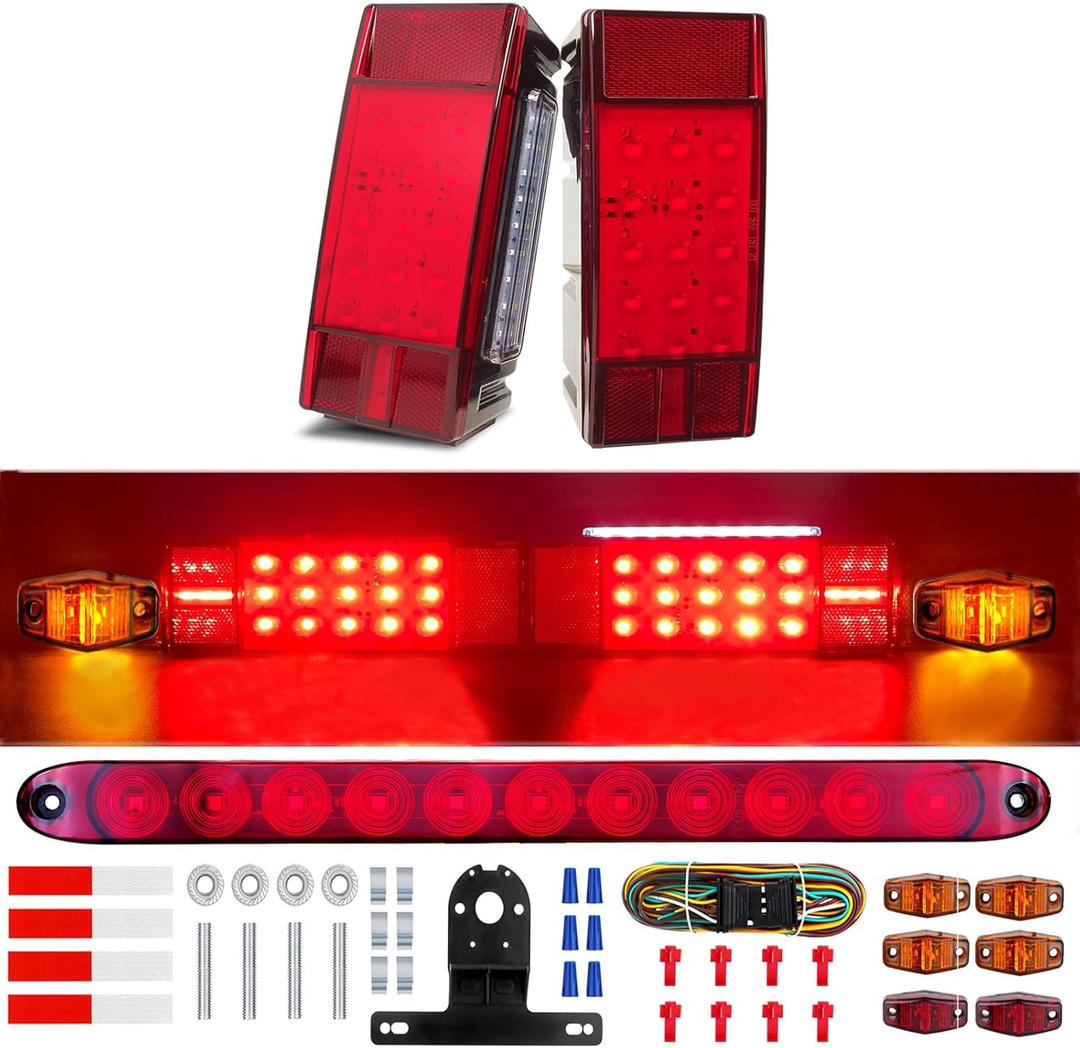 Boat Trailer LED Lights Kit - 8x3 Submersible IP68 Waterproof Tail Lights - DOT Approved 12V Stop/Turn/License Plate Lights - 29ft Wiring Harness, Full Replacement for Marine, Utility, RV