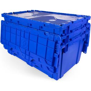 IDL Packaging 18-Gallon Industrial Plastic Tote with Hinged Lids, Pack of 3 | Heavy-Duty Blue Large 27"L x 17"W x 12" H Container for Warehouses, Garages, and Home Storage