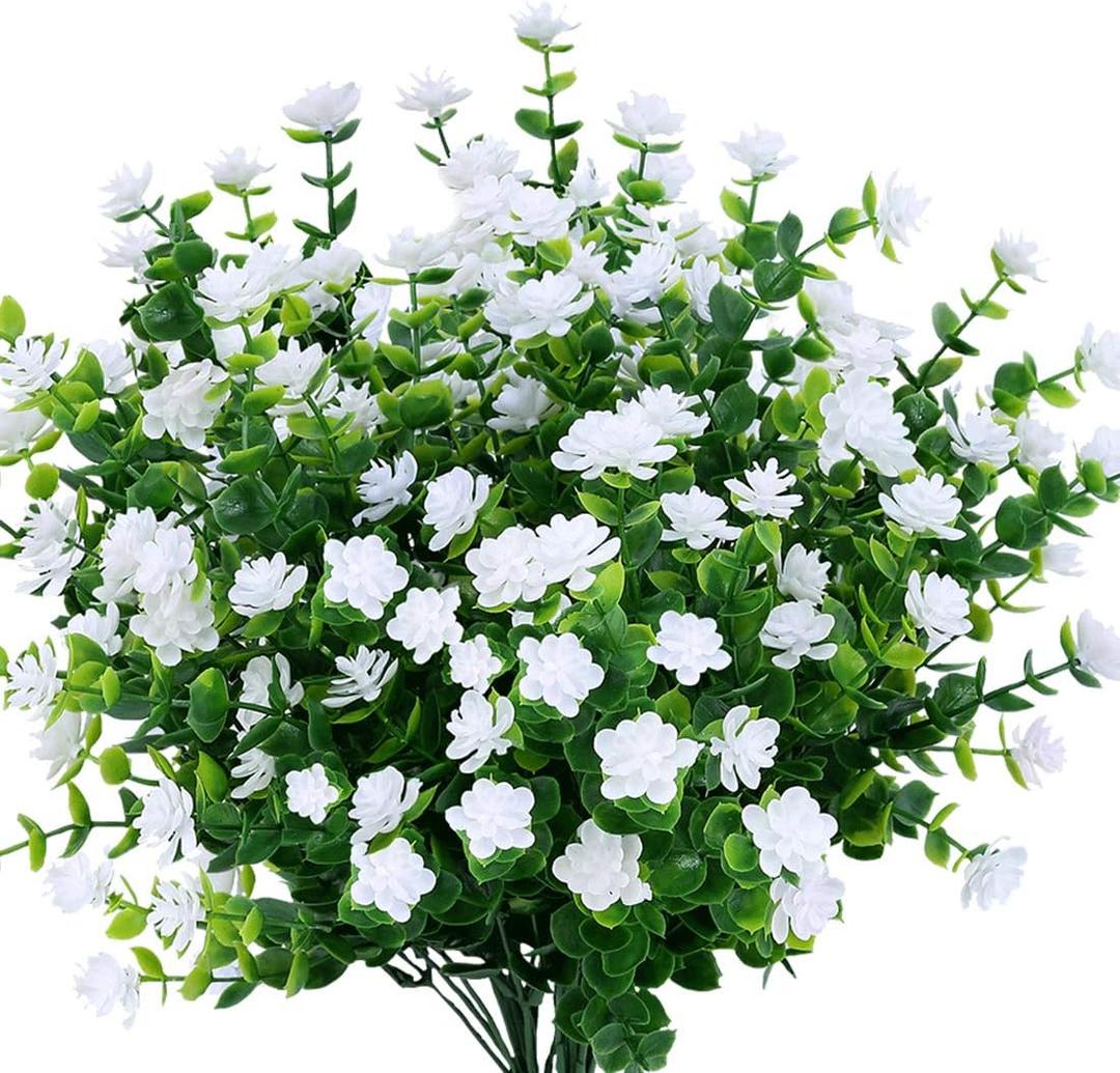 6PCS Artificial Eucalyptus Flowers, Fake Artificial Greenery UV Resistant No Fade Faux Plastic Plants for Wedding Bridal Bouquet Indoor Outdoor Home Garden Kitchen Office Table Vase(White)