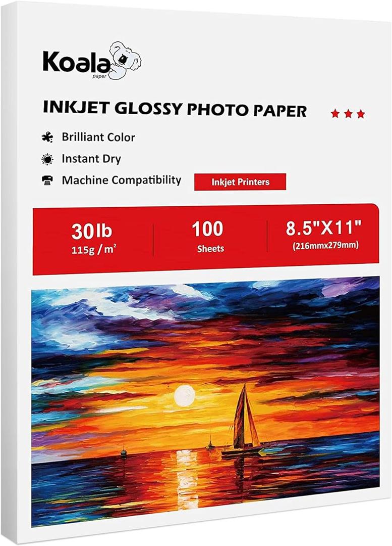 Koala Glossy Thin Inkjet Paper 8.5x11 Inches 100 Sheets Compatible with Inkjet Printer Use DYE INK 115gsm