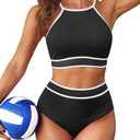 Tempt Me Women's High Waisted Bikini Sets Sporty Two Piece Swimsuit Color Block High Neck Bathing Suit, size XXL