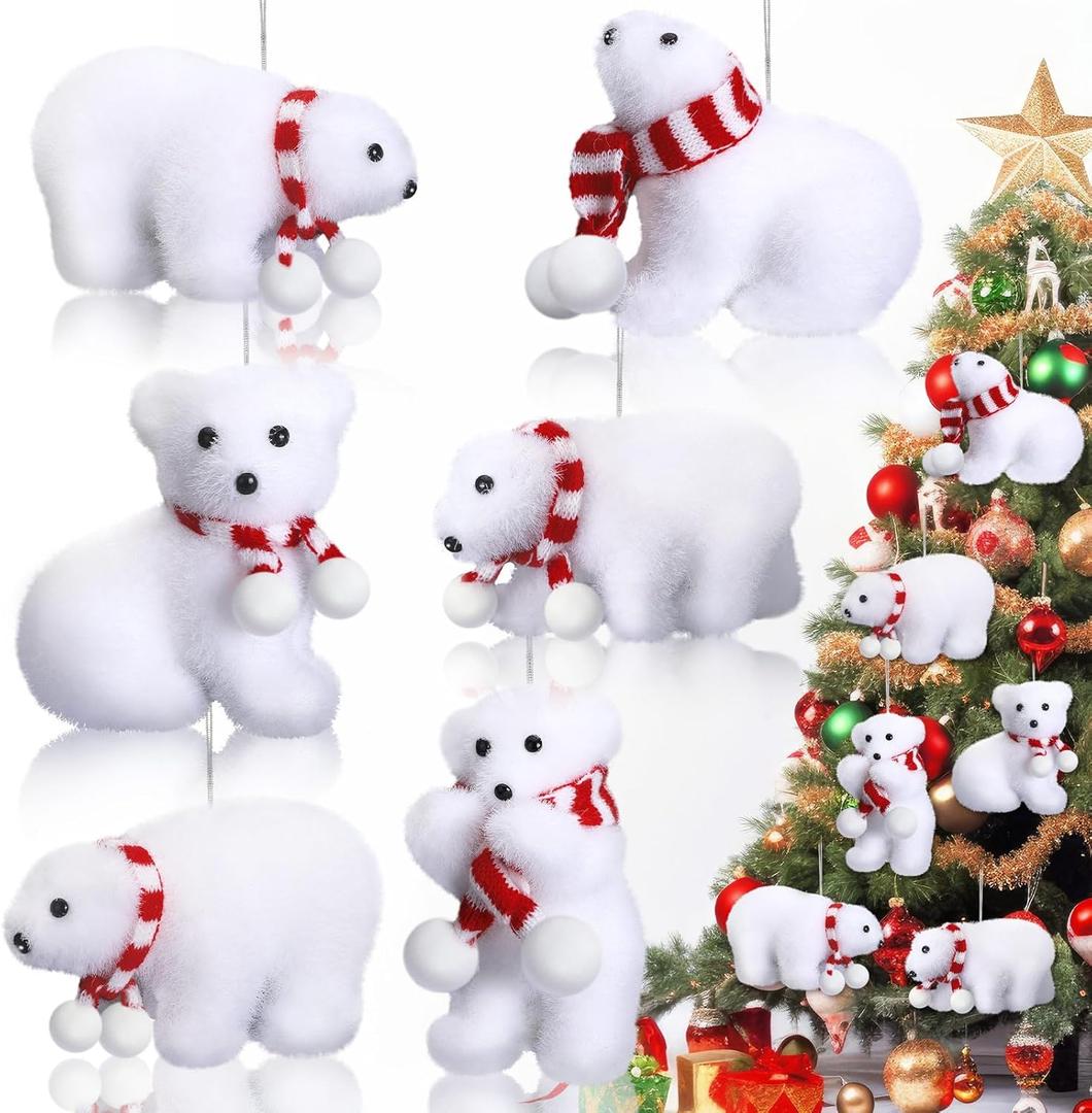 Wesiti 6 Pcs Christmas Polar Bear Ornament White Plush Christmas Ornaments Cute Rustic Furry Bear Decor with Scarf for Xmas Tree Polar Animals Figurines Rustic Home Decor