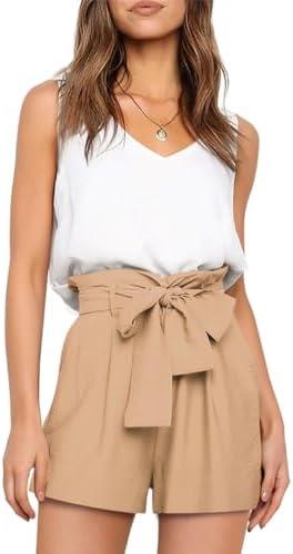 FANCYINN Women's 2 Piece Outfit Set V Neck Long Sleeves Tops High Waisted Paper Bag Pants with Belt,M