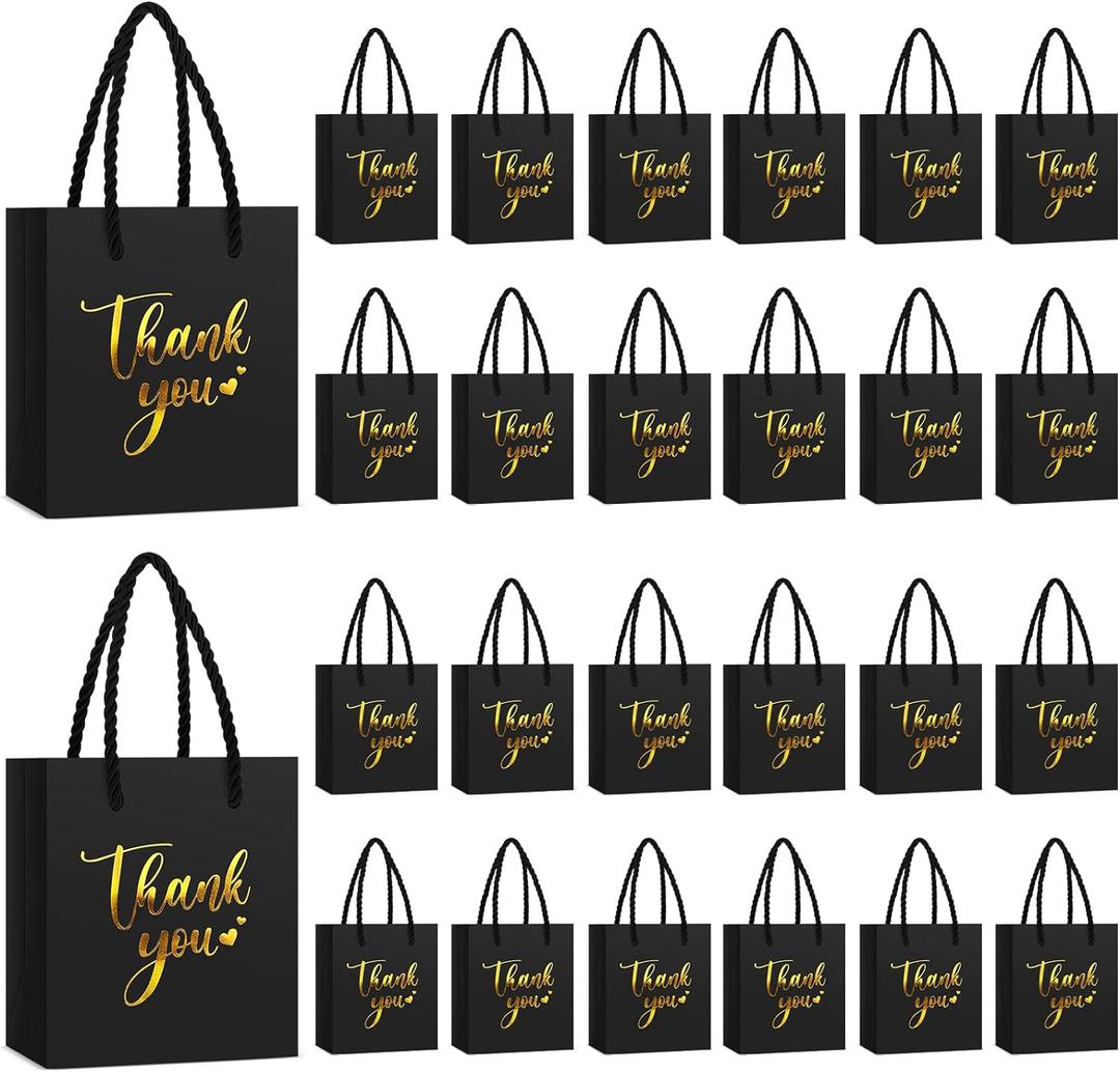Honoson 30 Pcs Mini Gift Bag with Handle 4 x 2.75 x 4.5'' Small Thank You Bag Foil Paper Tote for Wedding Baby Shower Birthday Graduation and Mothers Day Party Favors(Black/Gold)
