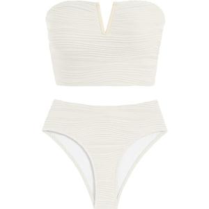 ZAFUL Womens Bandeau Bikini Set Strapless Textured Two Piece Lace up Bathing Suits High Waisted V-Neck Swimsuits, M, Beige