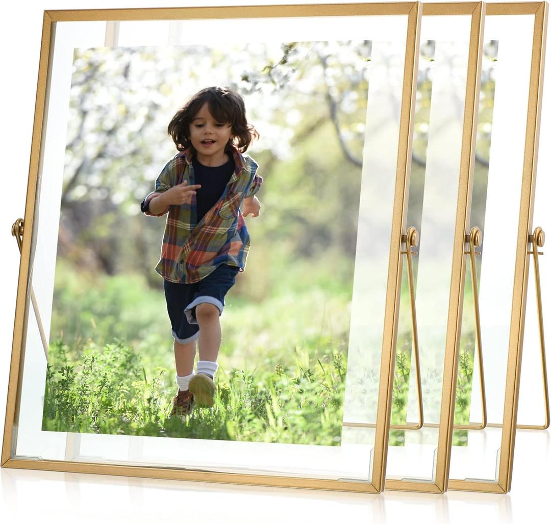 Amyhill 3 Set Gold Floating Picture Frame 12x10 Inch for Picture Sizes 8x10, 7x9, 6x8, 5x7, Vertical Tabletop Display Metal Floating Frame Classy Gift for Wedding Birthday Christmas Home Office Decor