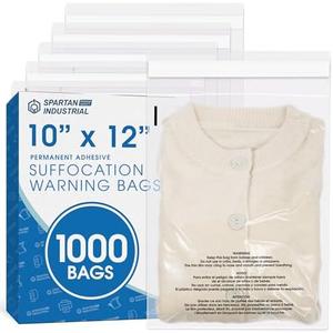 Spartan Industrial - 10" X 12" (1000 Count) Self Seal Clear Poly Bags with Suffocation Warning for Packaging, Shipping - Permanent Adhesive