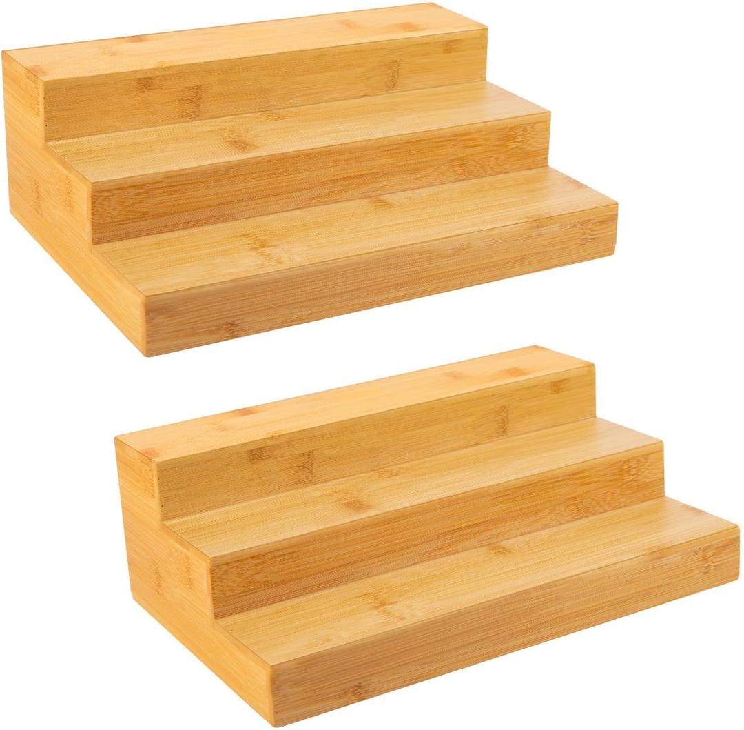 Bamboo Spice Rack Organizer for Cabinet 2 Pack - 3 Tier Countertop Step Shelf, Seasoning Storage Stand for Kitchen Pantry, Spice Holder for Jars Bottles Cans (Natural)