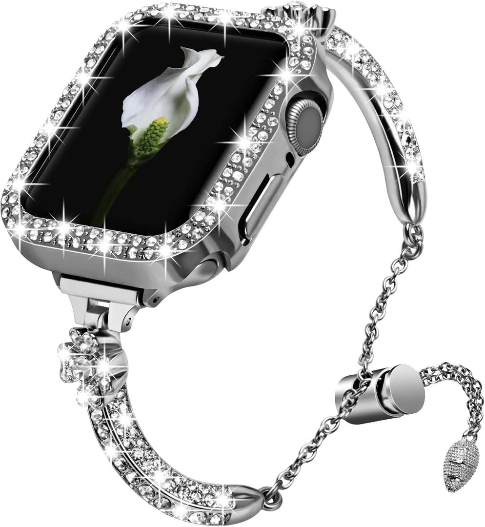 VIQIV Bling Band and Cover Compatible with Apple Watch Band 38mm 40mm 41mm 42mm 44mm 45mm iWatch SE Series 7 6 5 4 3 2 1 for Women, Cute Luxury Dressy Metal Bracelet with Rhinestone Bumper Case (Silver)