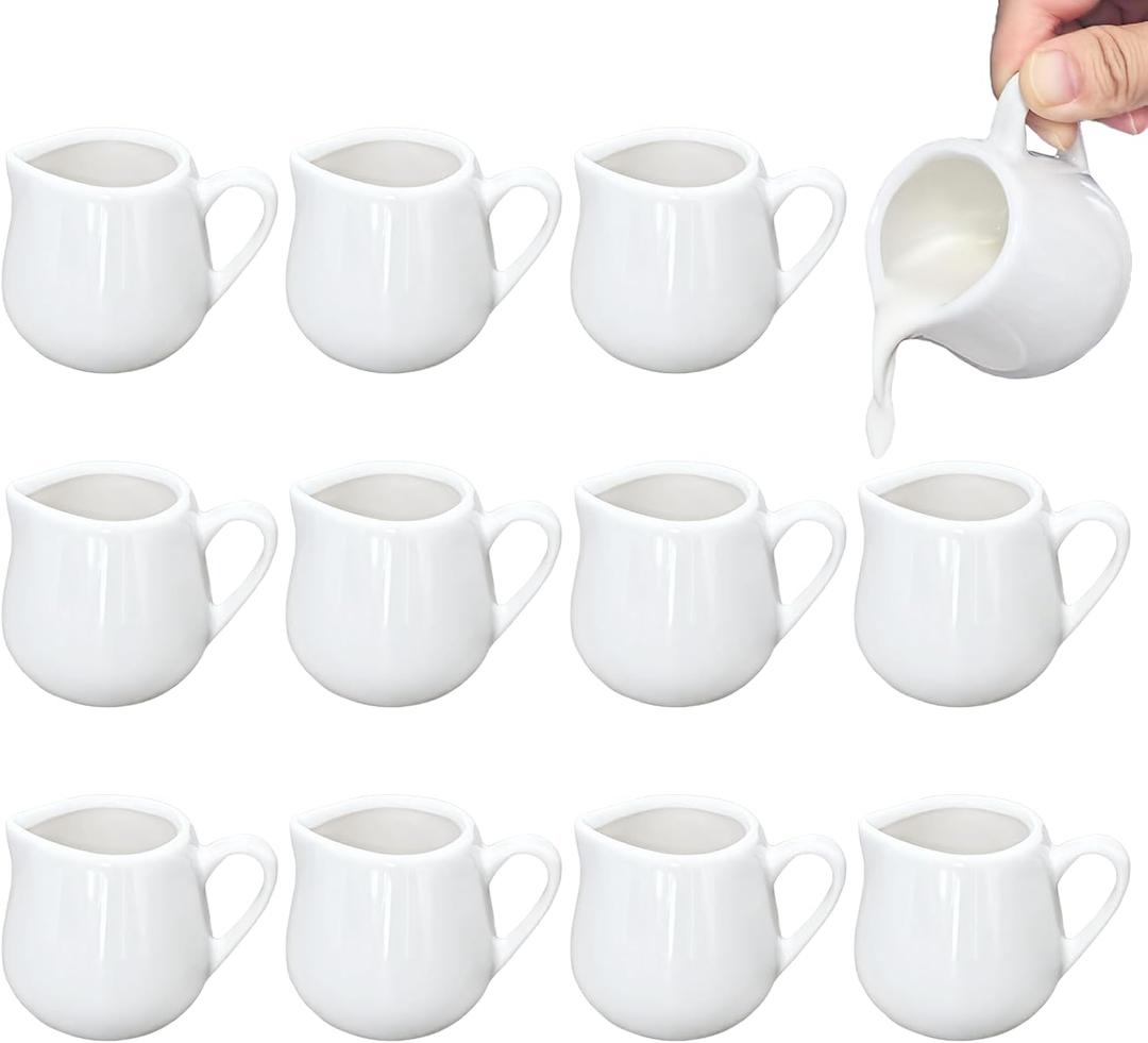 12 Pack 3 Oz Mini Ceramic Creamer Pitcher, Small Porcelain Syrup Pitcher Coffee Creamer Dispenser with Handle for Milk Sauce Coffee Tea Salad Dressing Cream, White
