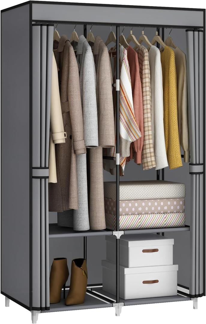 Portable Closet Wardrobe for Small Room, 35-Inch Clothing Organizer Storage Rack with 2 Clothes Hanging Rods and 4 Shelves, Non-Woven Fabric Cover, Grey