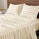 BEDELITE Satin Sheets Queen Size, Luxury Jacquard Striped Beige Bedsheets Set with Elastic Corner Straps, Similar to Silk Sheets Set 4 PC with 1 Deep Pocket Fitted Sheet, 1 Flat Sheet, & 2 Pillowcases