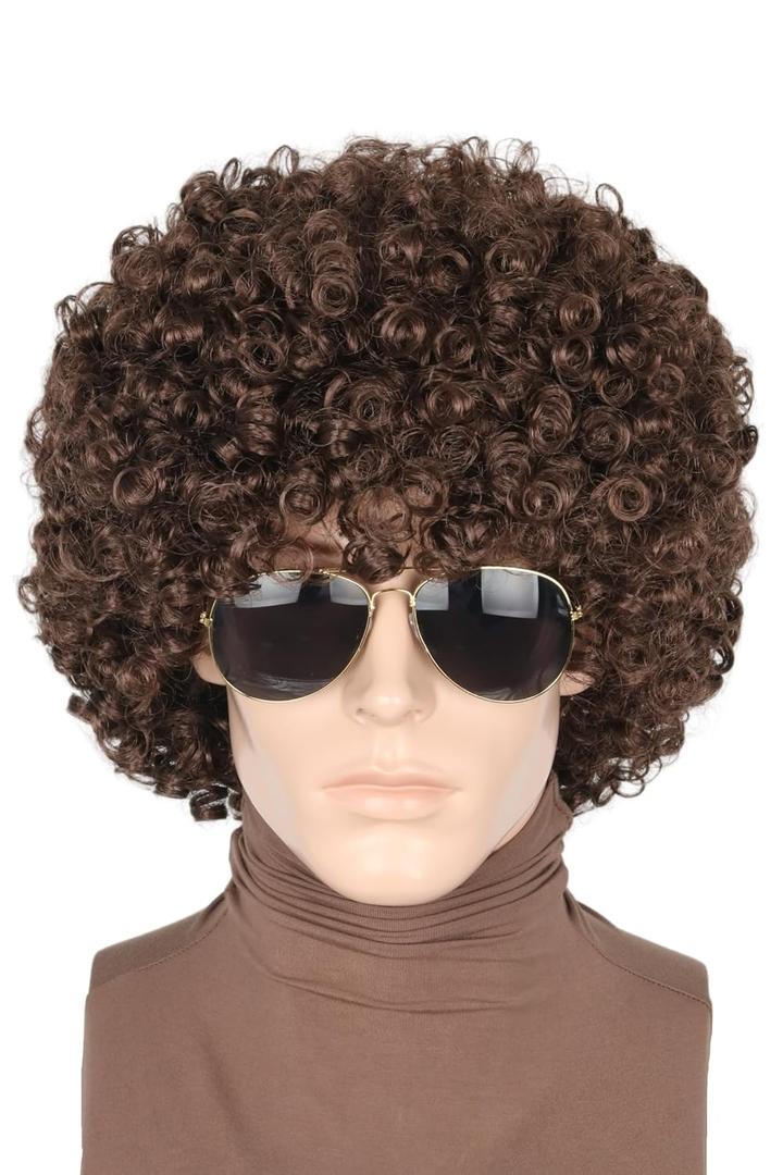 70s 80s Afro Wigs for Men Dark Brown Short Curly Wigs for Women Halloween Disco Rock Wig Hippie Costume Wig