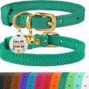 BRONZEDOG Leather Cat Collar with Removable Bells Non Breakaway Kitten QR Tag for Girl Boy (7" - 9" for Cats, Green & Gold)