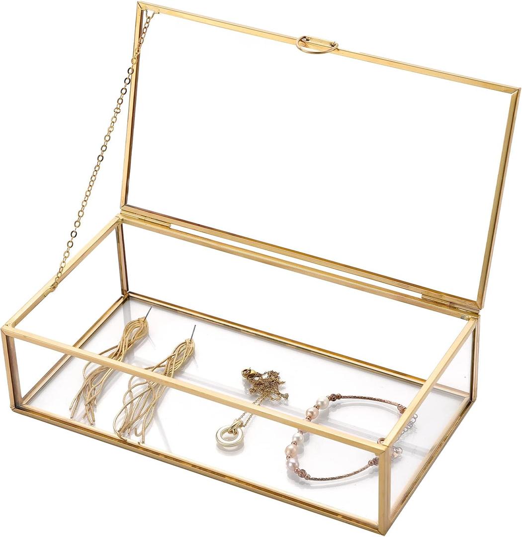 7.8" Golden Vintage Glass Keepsake Box | Jwelry Lidded Box Decorative Glass Golden Boxes for Display,Clear Rectangle Box Rings Bracelet Earring Organizer (7.8 x 4.3 x 2.3inch)