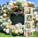 Sage Green Baby Shower Decorations Boy Girl - 4Pcs Baby Boxes with lettes and 112Pcs Green White Gold Balloons Arch Kit for Baby Shower Decorations, Dinosaur Jungle Safari Baptism Party Supplies